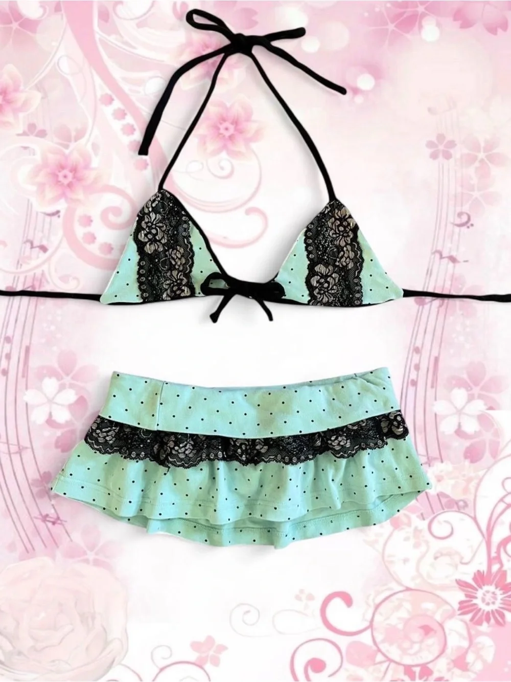 Teal polka dot mini skirt and bikini top set